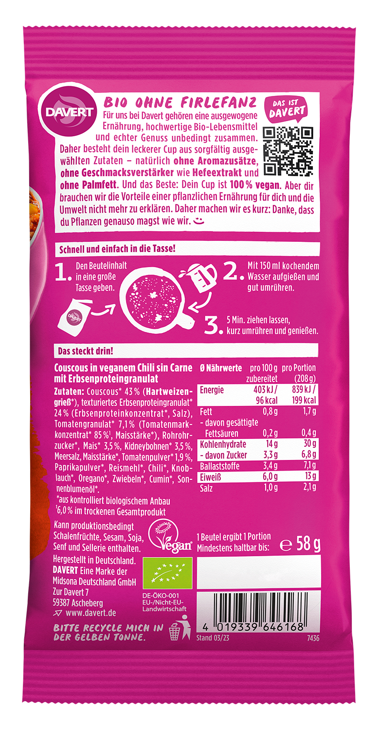 CouscousCup Chili sin Carne 58g Cups Schnelle Küche Produkte im